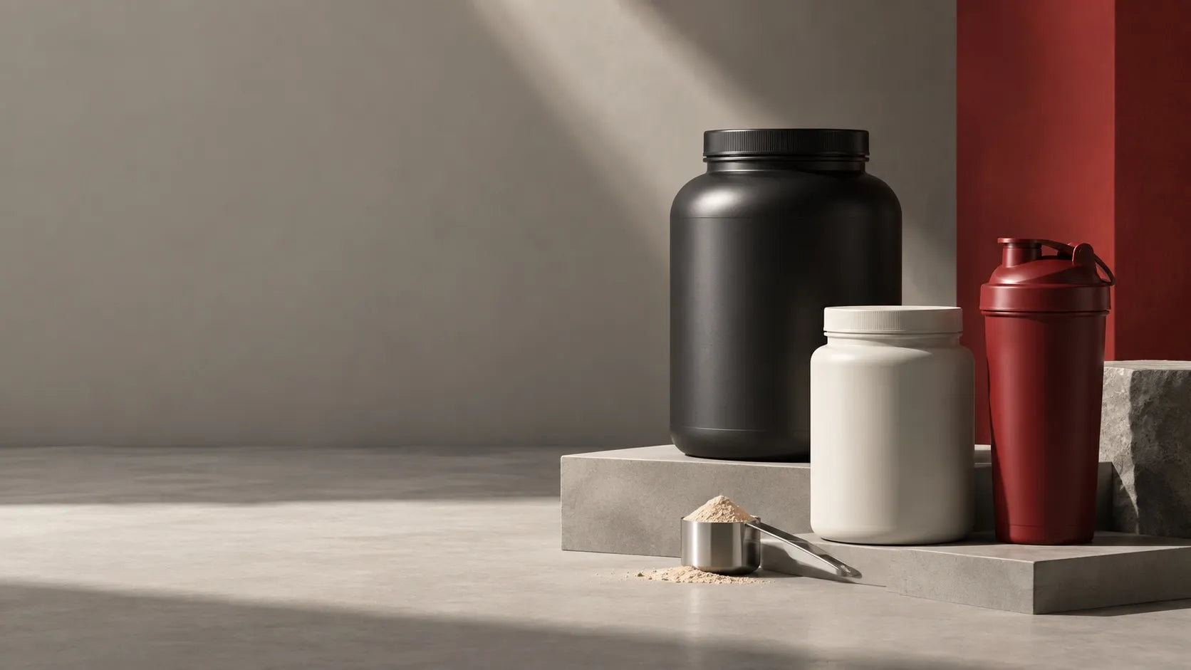 Charcoal, cream and red supplement containers on stone plinths