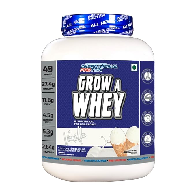 INTERNATIONAL PROTEIN GROW WHEY 2.27 KG Imported | Manufactured in Australia | High protein | 27.4G PROTEIN |4.5G GLUTAMIC ACID |5.3G BCAA | CREATINE 3G (VANILLA)