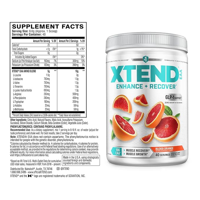 Xtend EAA Essential Amino Acids, Zero Sugar, 40 Servings,Muscle Recovery and Growth