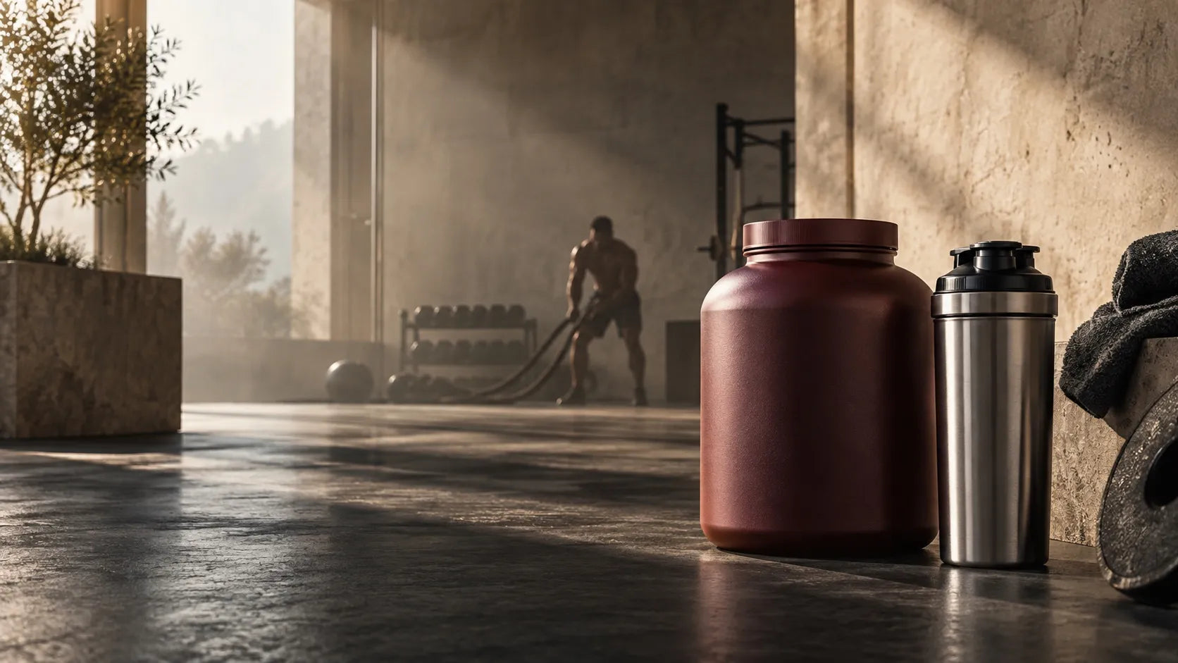 Supplement container and shaker in a sunlit training studio